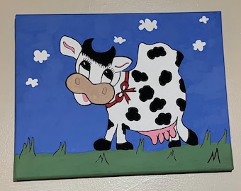 Lienzo con vaca pintado a mano: Arte de pared estilo casa de campo