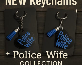Portachiavi a forma di cuore per la moglie del poliziotto / Regalo di supporto con linea blu sottile / Portachiavi con nappa fatto a mano