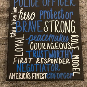 Thin Blue Line Police Word Art Canvas: First Responder Gift