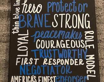 Thin Blue Line Police Word Art Canvas: First Responder Gift