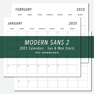 Calendário PDF para impressão 2025 - SANS 2 moderno / Inícios de domingo e segunda-feira incluídos