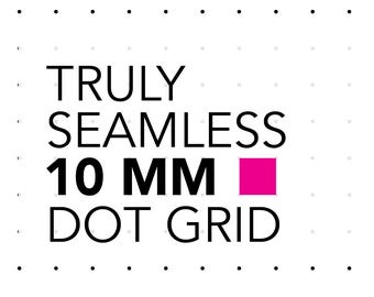 Könnte beinhalten: Ein weißer Hintergrund mit einem schwarzen Punktgittermuster. Der Text lautet TRULY SEAMLESS 10 MM DOT GRID in Schwarz, mit einem soliden, pinkfarbenen Quadrat zwischen dem Text 10 MM und DOT GRID. Die Punkte sind in einem Raster angeordnet.