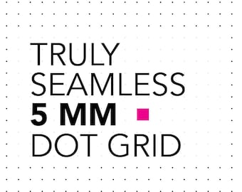 Könnte beinhalten: Ein weißes Blatt Papier mit einem schwarzen Punktgittermuster. Der Text lautet TRULY SEAMLESS 5 MM DOT GRID in Schwarz, mit einem kleinen, ausgefüllten rosa Quadrat neben dem Text 5 MM. Die Punkte sind gleichmäßig über die Fläche verteilt.