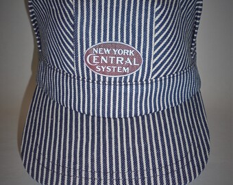 Engineer Railroad Cap New York Central System Vintage Style Hickory Stripe Made in the USA Adult Size Adjustable Blue and White Stripe New
