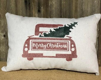 Merry Christmas Tree Truck Pillow