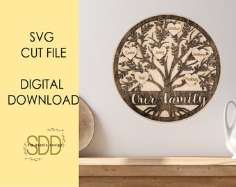 May include: A wooden family tree wall decor with a brown background and a black silhouette of a tree with leaves. The names "Jonathan", "Emma", "Jenny", "Christopher", "Nick", and "Madelyn" are written in gold on the hearts hanging from the branches. The text "Our Family" is written in gold at the bottom of the tree.