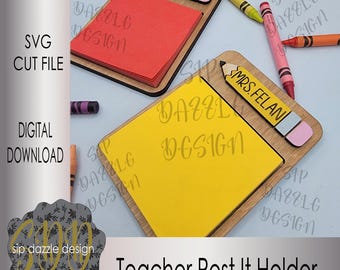 May include: Two wooden teacher post-it note holders with a pencil design. The top holder is red and says "Mrs. Howard" and the bottom holder is yellow and says "Mrs. Felani".