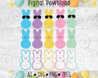 Coelhinho da Páscoa Marshmallow Peep SVG PNG JPEG - Peep com óculos de sol - Decalque de vinil Circut - Silhueta - Impressão por sublimação