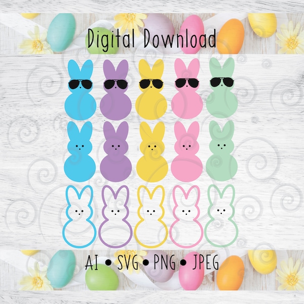 Easter Marshmallow Bunny Peep SVG PNG JPEG - Peep with Sunglasses - Circut Vinyl Decal - Silhouette - Sublimation Print