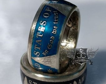 Anillo de plata coloreada con moneda de dólar Morgan - Joyería para hombre con recubrimiento en polvo