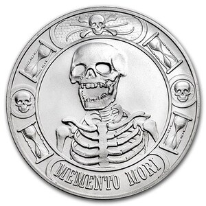 May include: A silver round coin with a skull and crossbones design. The coin features a skeleton with the words "Memento Mori" inscribed around the edge.