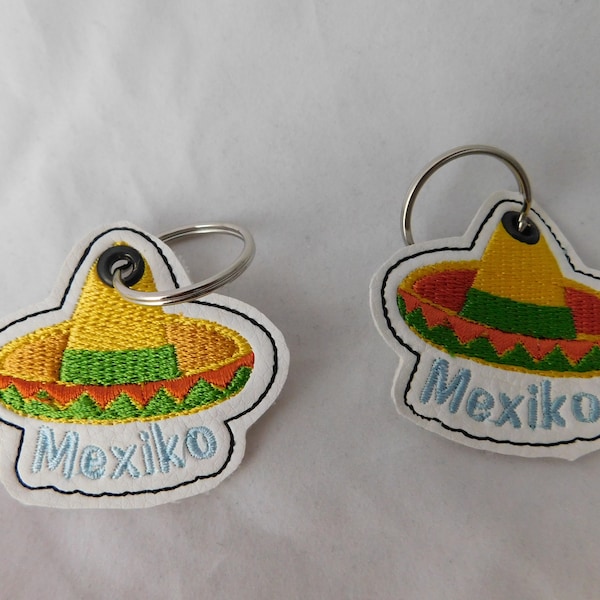bestickter Schlüsselanhänger Mexiko Sombrero Kunstleder mit Filzrückseite
