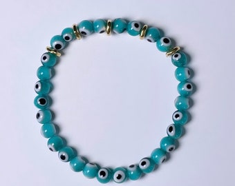 Turquoise Evil Eye Bracelet, glass beads, beaded, gold, mini bracelet, slim bracelet, thin, boho stretch, skinny bracelet, blue, festival