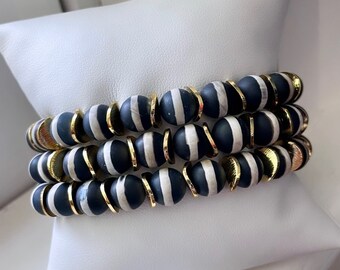 Black Matte Stripe Bead Bracelets, Beaded Stretch, Layered Stack, Zebra Bead Bracelet, Chunky Bracelet, Boho Jewelry, Gifts for Her