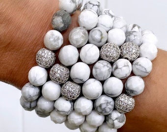 Weißes Marmor Perlen Armband, Howlith Perlen, Weißer Sommer Schmuck, Silber Pave, Statement Armband, Gestapelt Armbänder