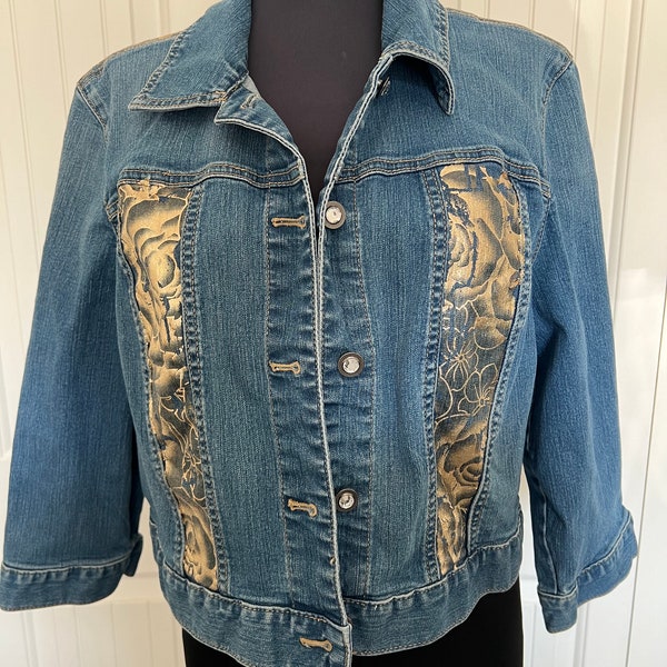 Blue denim Jacket with gold foil accent Chicos