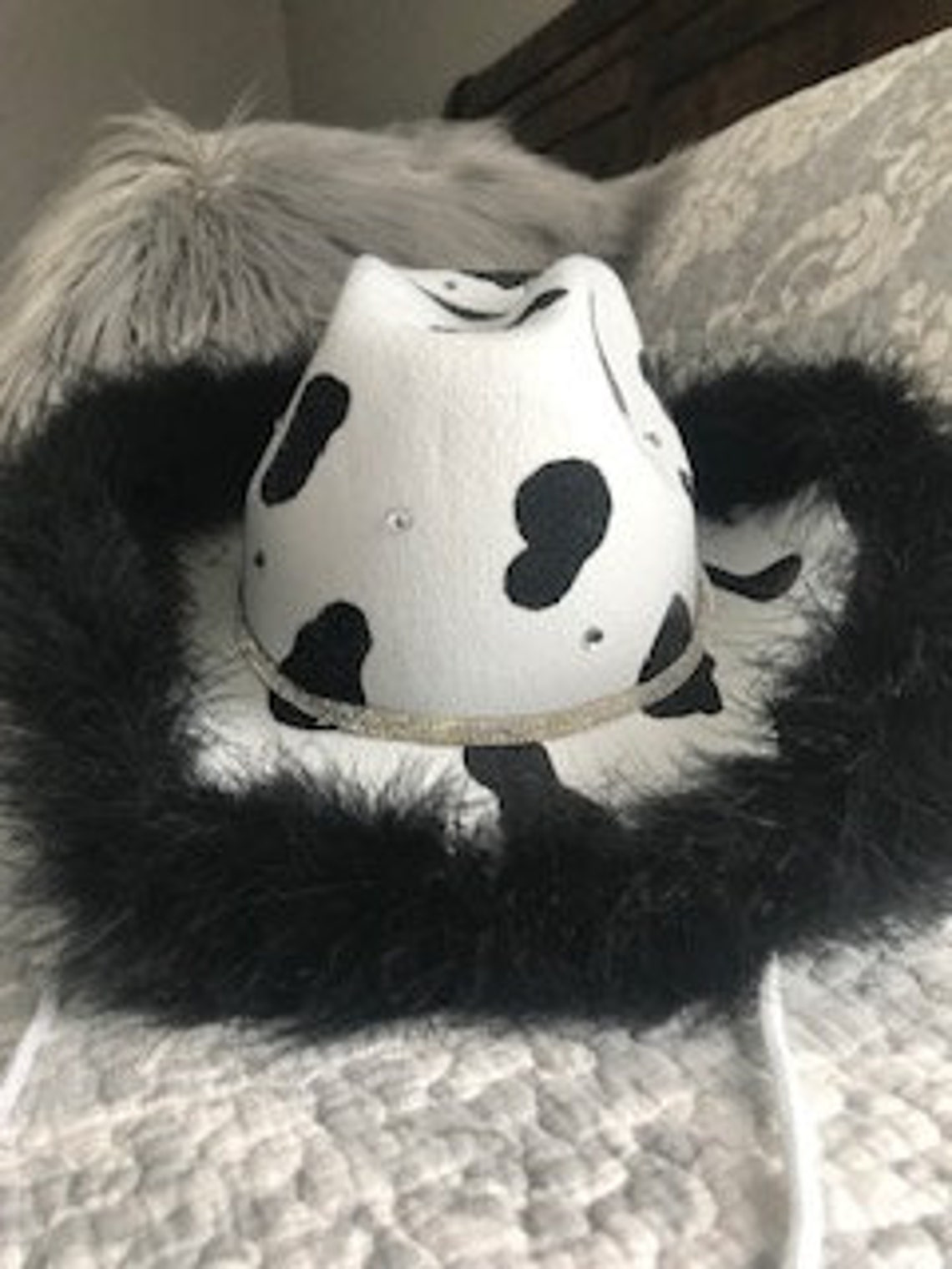 Cow Print Cowboy Hat Tik Tok Hat Rhinestones Black Boa Etsy
