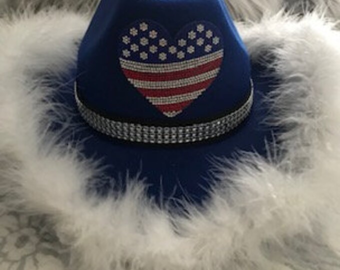 Red, White and Blue Cowboy Hat, July 4th, American, Rhinestone Heart, White Boa, Tik Tok Hat