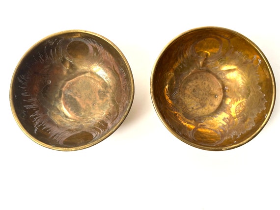 Set of Two Vintage Small Brass Bowl with Engraved… - image 2