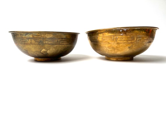 Set of Two Vintage Small Brass Bowl with Engraved… - image 1