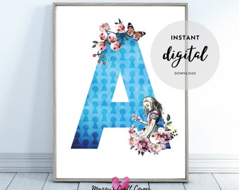 Initial Letter 'A' printable Wall Art * Instant Download * JPG and PNG files * Nursery Kids Wall Art Poster * Alice in Wonderland