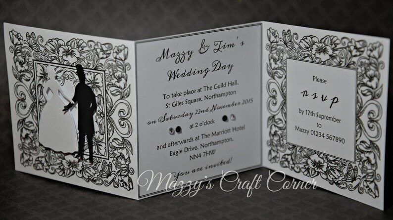 handmade vintage black & white tri-fold wedding invitation bride and groom image 1