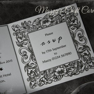 handmade vintage black & white tri-fold wedding invitation bride and groom image 3