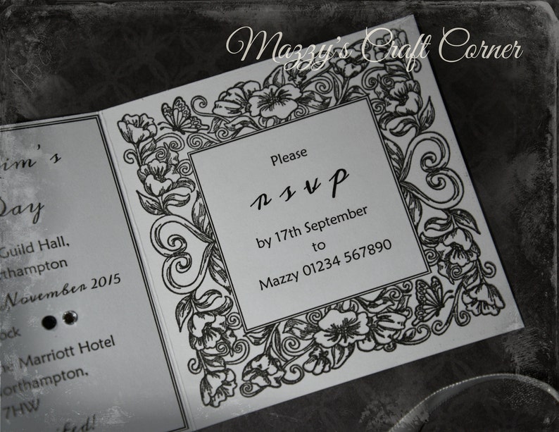 handmade vintage black & white tri-fold wedding invitation bride and groom image 3