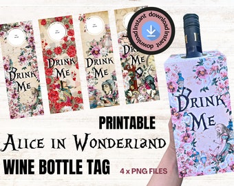 Alice in Wonderland Drink Me Wine bottle tag printable decoration for Tea Party Birthday Wedding Centerpiece