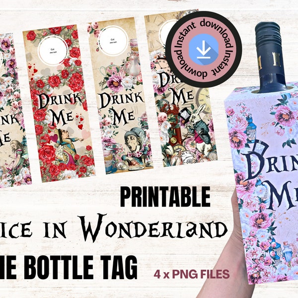 Alice in Wonderland Drink Me Wine bottle tag printable decoration for Tea Party Birthday Wedding Centerpiece