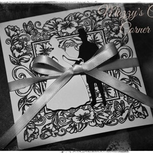 handmade vintage black & white tri-fold wedding invitation bride and groom image 2