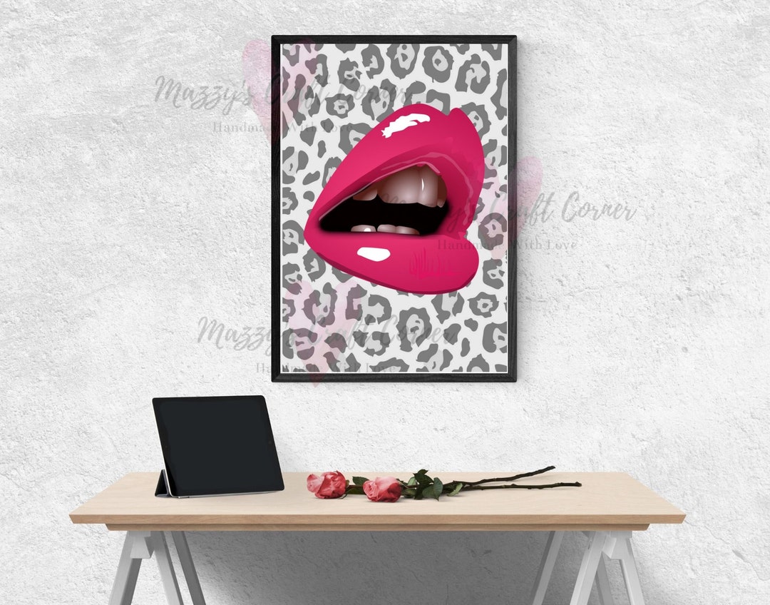 Pink Lips Wall Art Home Room Decor Lips Printable Art Poster Modern Art Leopard Print Picture