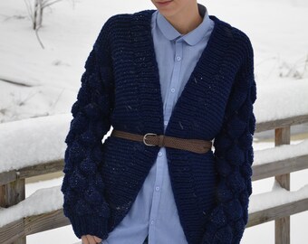 Handknit Wool Blend Cardigan: Dark Blue Knit Sweater, XS/S