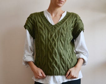 Gilet in lana lavorato a mano da donna, maglione senza maniche a trecce grosse, pullover fatto a mano
