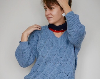 Hand Knit Blue Women’s Sweater, Elegant Handmade Knitwear, 100% Handcrafted Pullover