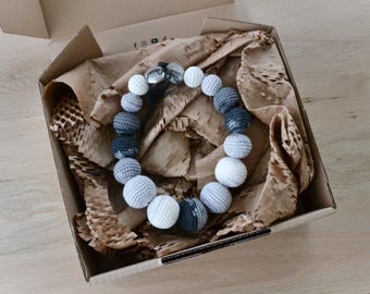 Handmade сrochet beaded necklace, Black gray white Jewelry, Elegant gift for her