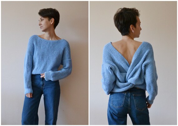Women Blue Backless Sweater/hand Knit 