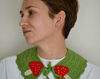 Divertido collar de ganchillo con diseño de setas, collar de encaje verde hecho a mano, accesorio para el cuello
