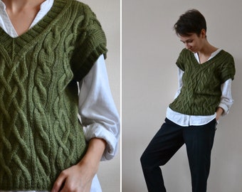 Knitted wool green vest for women, Sleeveless sweater S size for girls, Women's khaki V neck soft vest