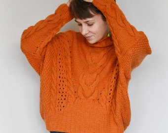 Hand Knitted Wool Blend Sweater: Oversized Orange Jumper