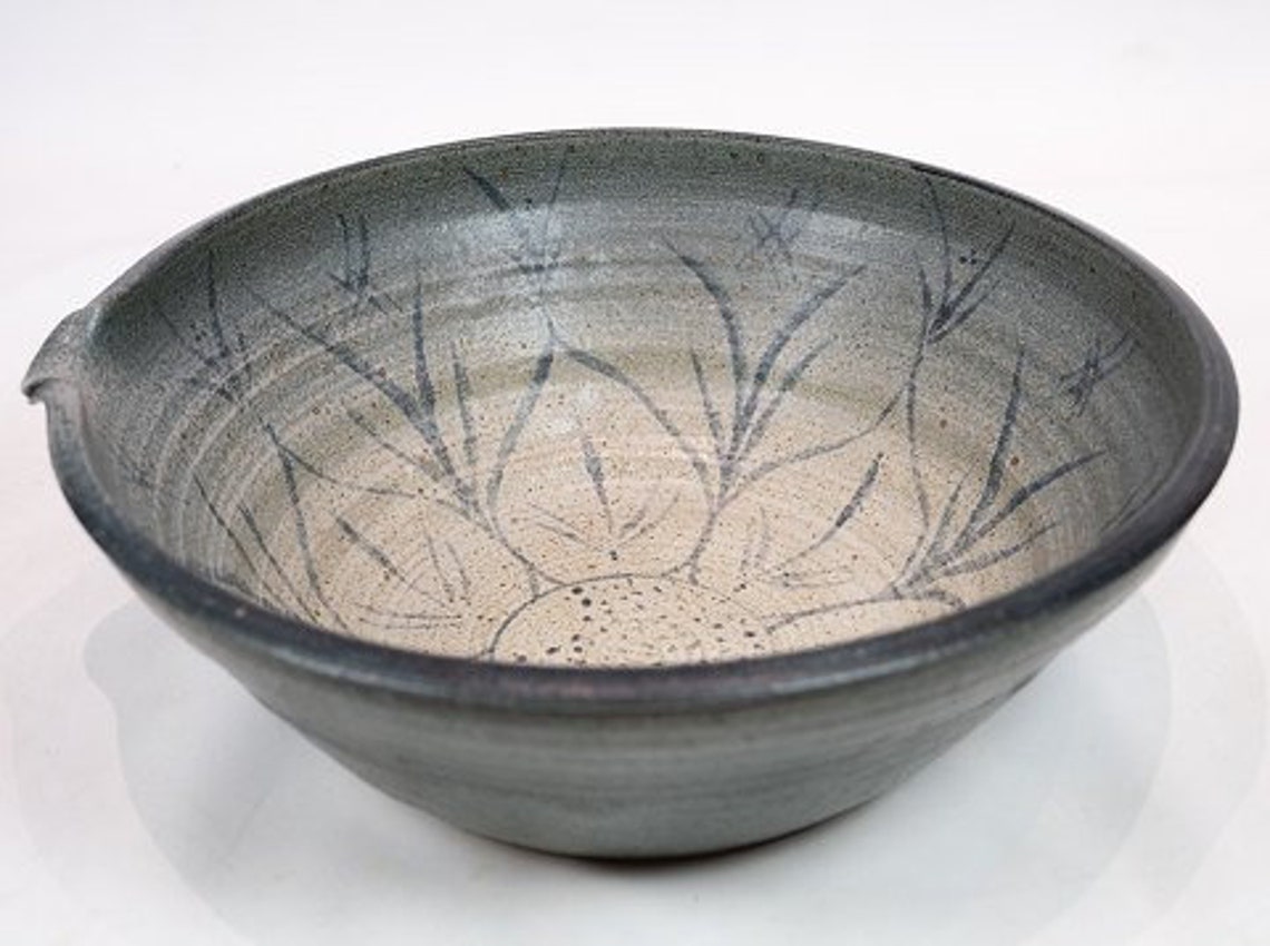 Large grey ceramic bowl decorated with pattern on the inside Etsy