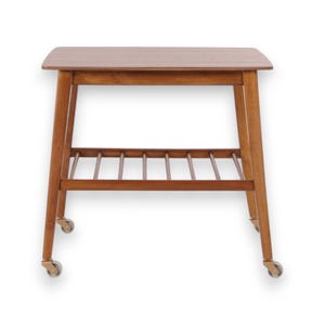 May include: A mid-century modern style wooden side table with a rectangular top and a slatted shelf. The table has four legs and rolls on small caster wheels. The wood has a warm, brown finish.
