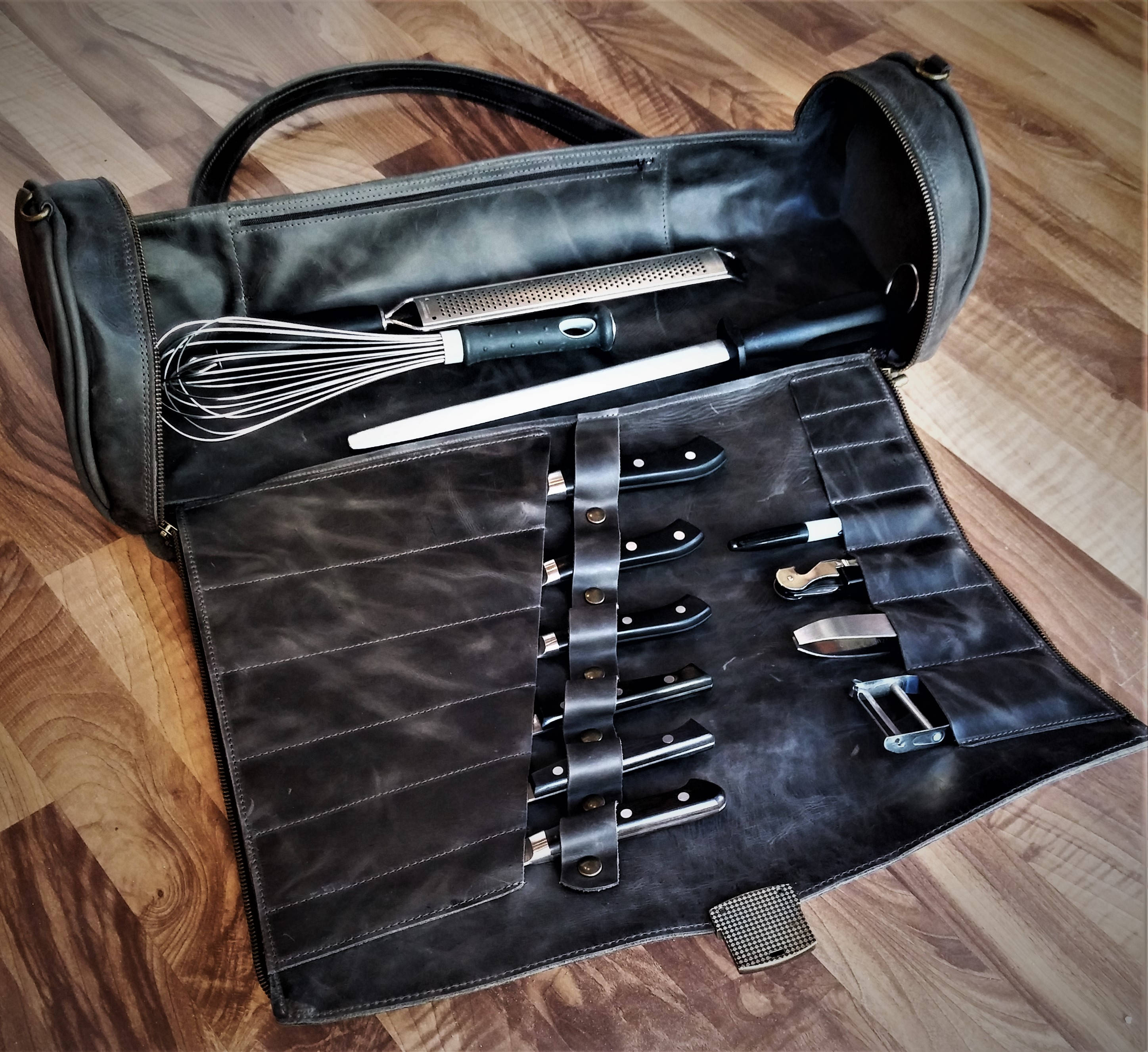 Gray Leather Chef BagChef knife case Chef knife rollChef Etsy