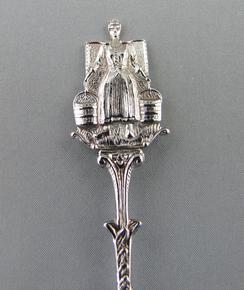 Dutch Lady Carrying Milk Buckets on Yoke Sailing Boat in Embossed Bowl Holland NETHERLANDS Dutch Collectible Souvenir Spoon