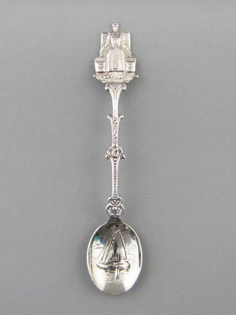 Dutch Lady Carrying Milk Buckets on Yoke Sailing Boat in Embossed Bowl Holland NETHERLANDS Dutch Collectible Souvenir Spoon