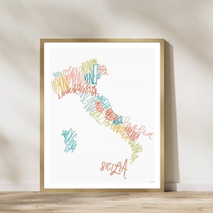 Impression de carte des régions de l'Italie, carte des régions de l'Italie, Mappa dell'Italia, art mural de voyage en Italie