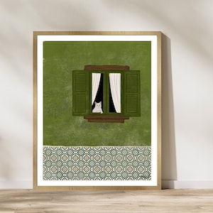 Cat in the Window Art Print, Travel Art, Cat Lovers, Window Cat Art, Window Kitties