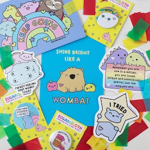 Envoyez un câlin dans une boîte, un cadeau pour prendre soin de vous, un cadeau pour un ami, de jolies cartes postales, un ensemble d'autocollants en vinyle, une carte pour un meilleur ami