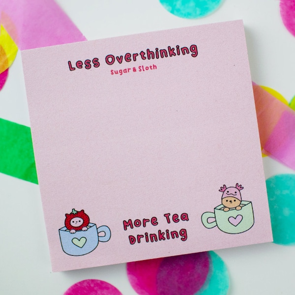 Cat Sticky Notes, Less Overthinking, More Tea Drinking Sticky Notes, stationery, funny gift for her, stationary set, Cat Stationery