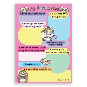 Carte postale A6 Ma liste heureuse Ernest le paresseux, cartes de santé mentale positive, carte postale de positivité, activités de santé mentale, activité de soins personnels